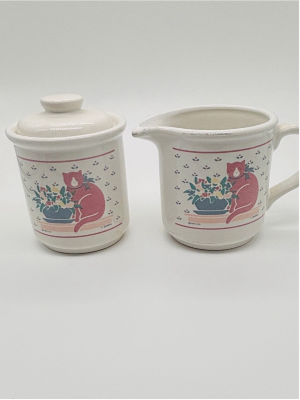 Vintage 80s Le Chat Vermillion Ceramic Pink Cat Cream and Sugar Coffee Tea Set